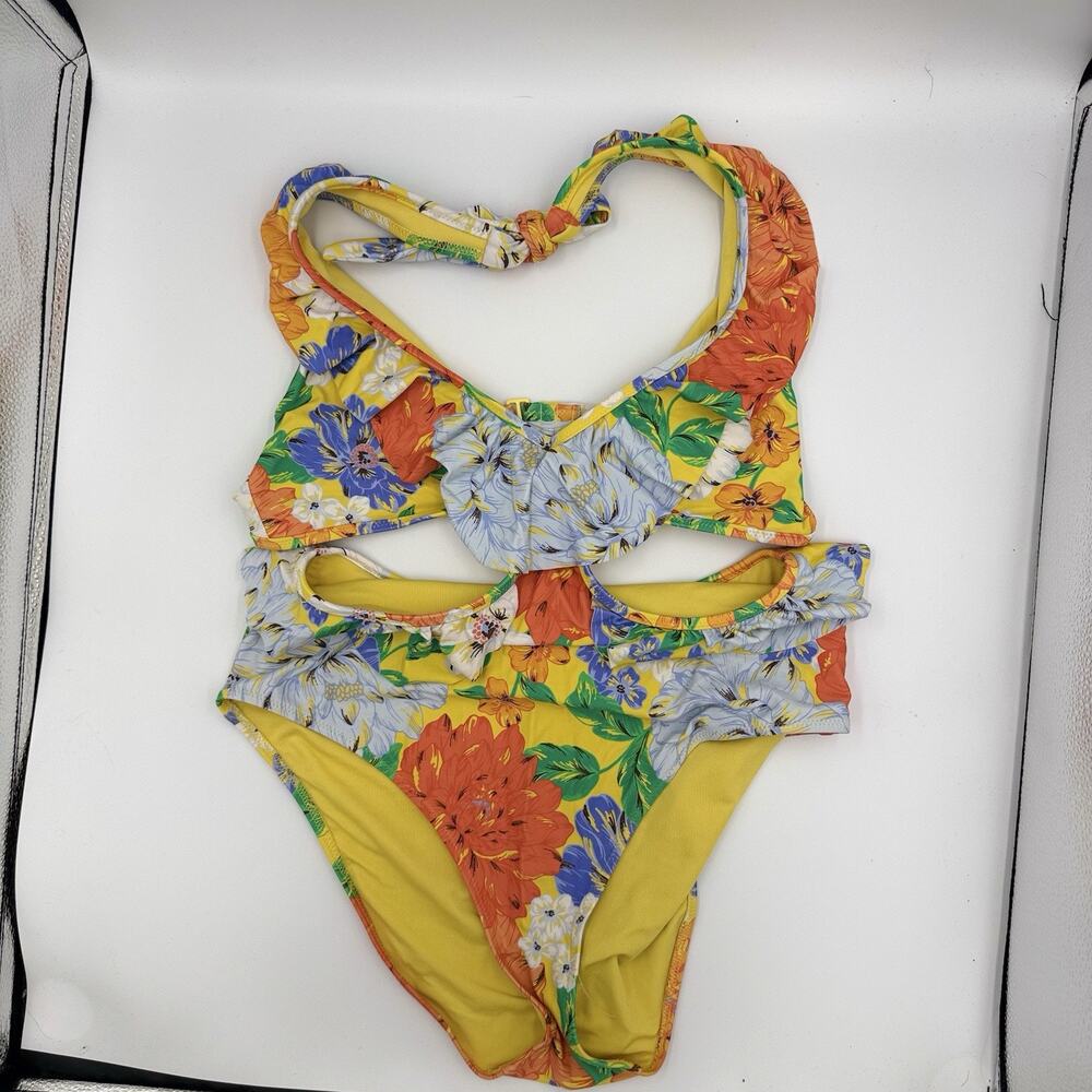 Aerie Medium One Piece Swimsuit Yellow Floral Cutout Ruffle Halter Swim Suit